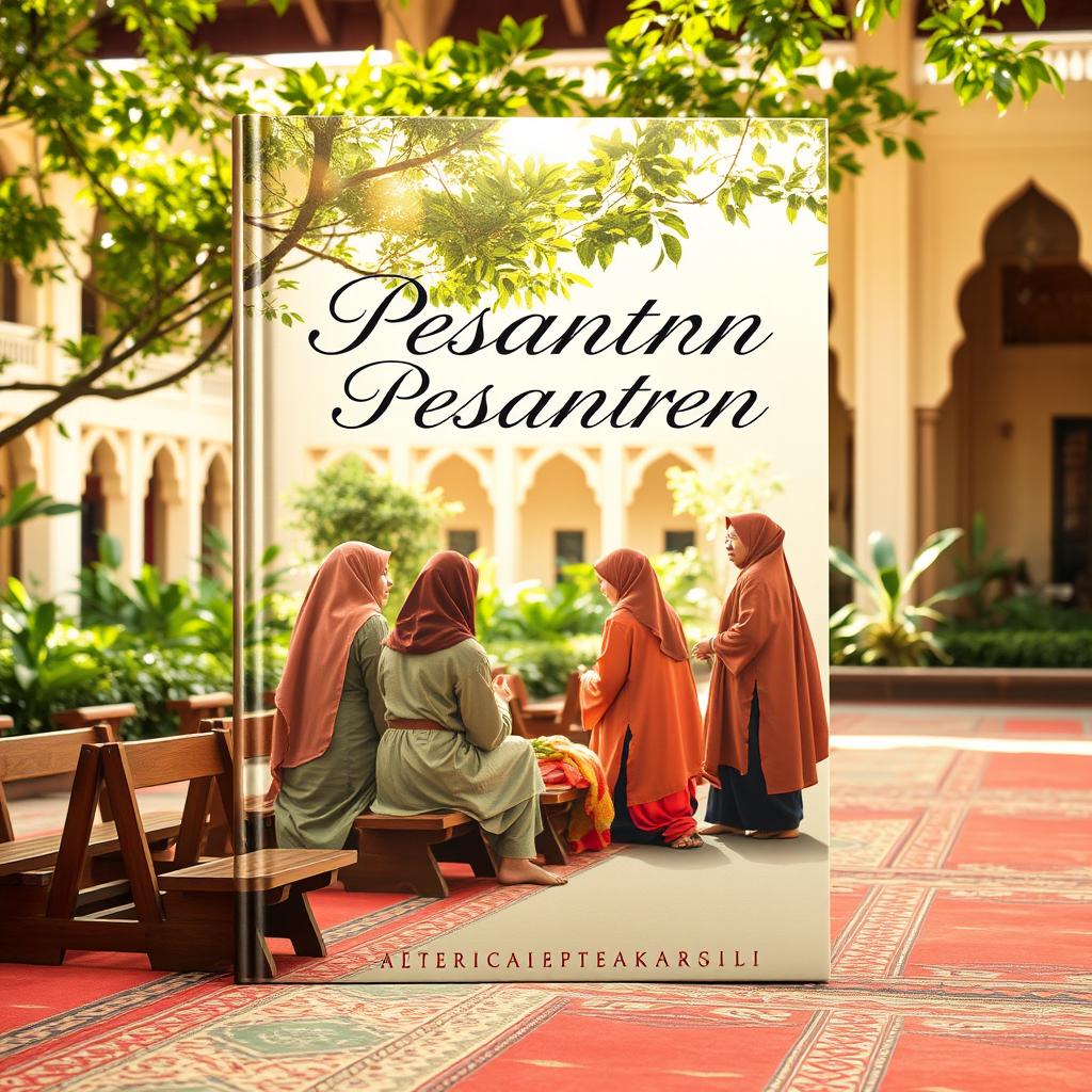 An aesthetic book cover featuring a group of santri engaging in a deep discussion at a traditional Islamic boarding school