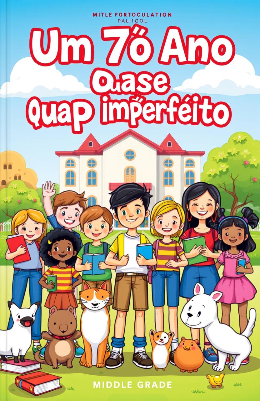 A whimsical and colorful cover illustration for a middle-grade children's book titled 'Um 7º Ano Quase Imperfeito'