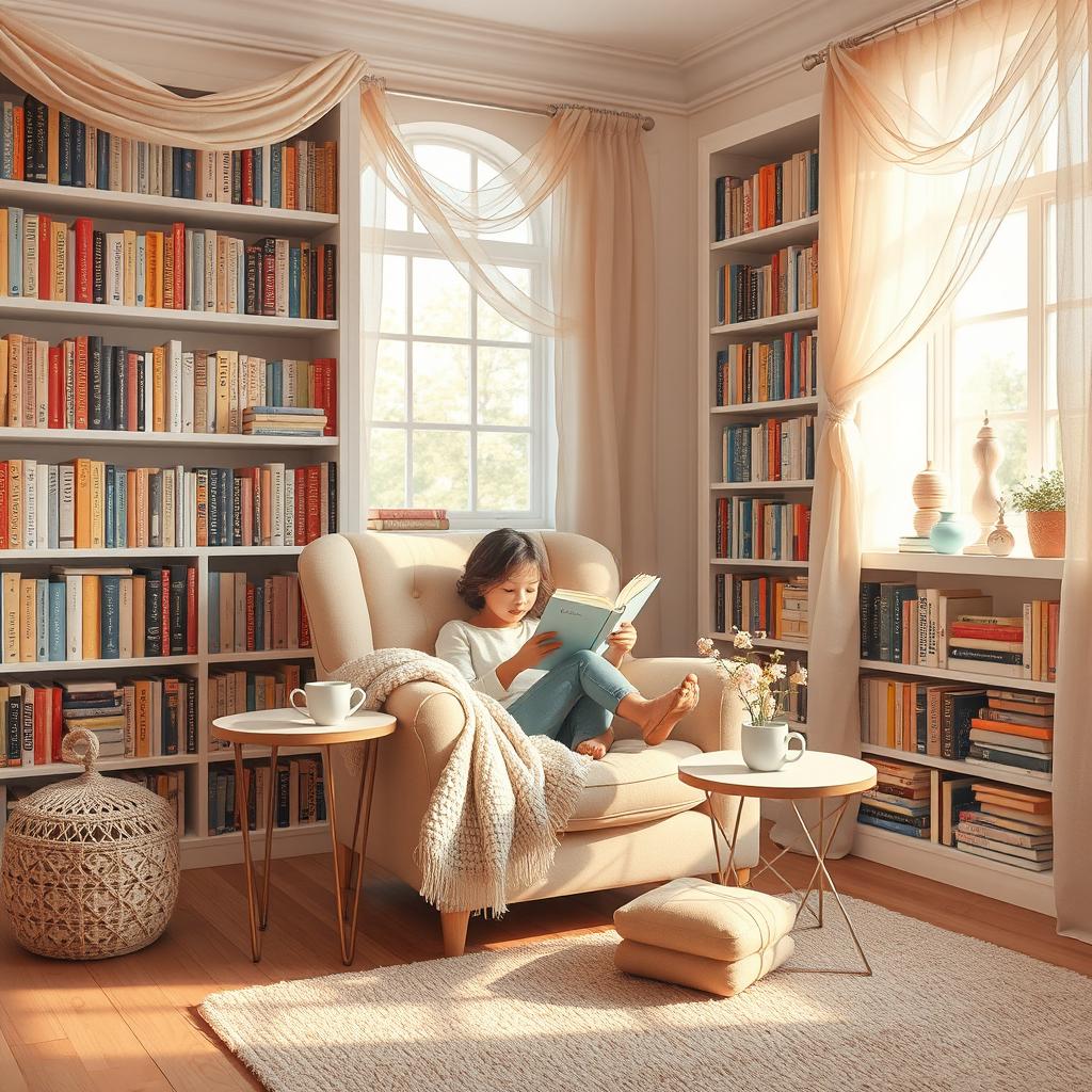 A serene and aesthetic scene of a person reading a book in a cozy, beautifully decorated room