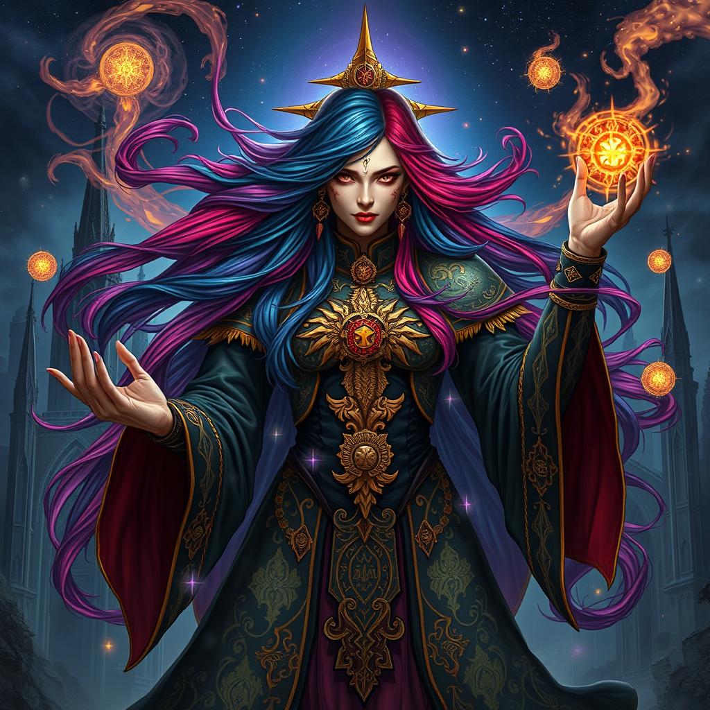 A powerful female psyker from the Warhammer 40,000 universe, with long flowing hair, vividly colored and adorned with arcane symbols