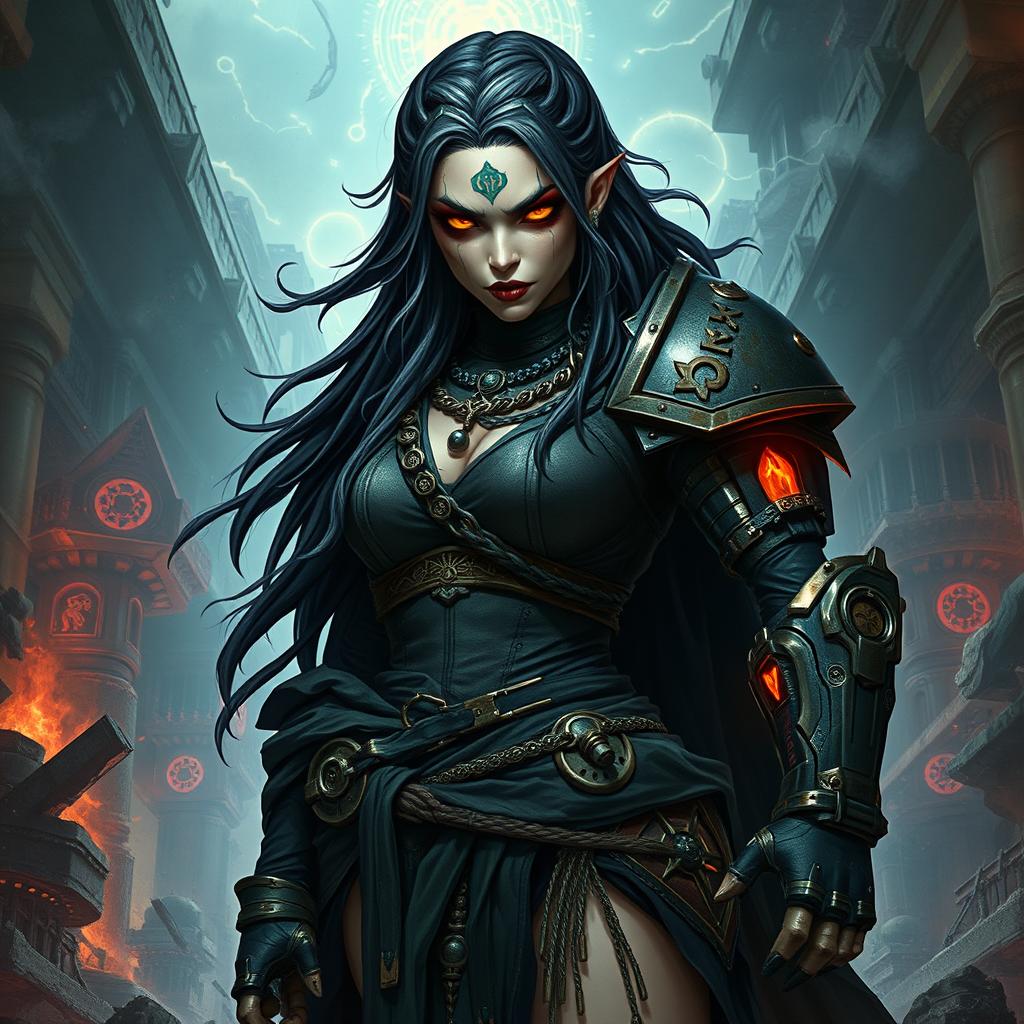 A fierce and rebellious female heretical psyker from the Warhammer 40,000 universe, sporting bionic enhancements