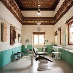 A bustling, well-lit, clean dental clinic located in India, complete with dental chairs, modern equipment, and professional staff members, set against the backdrop of traditional Indian architecture.