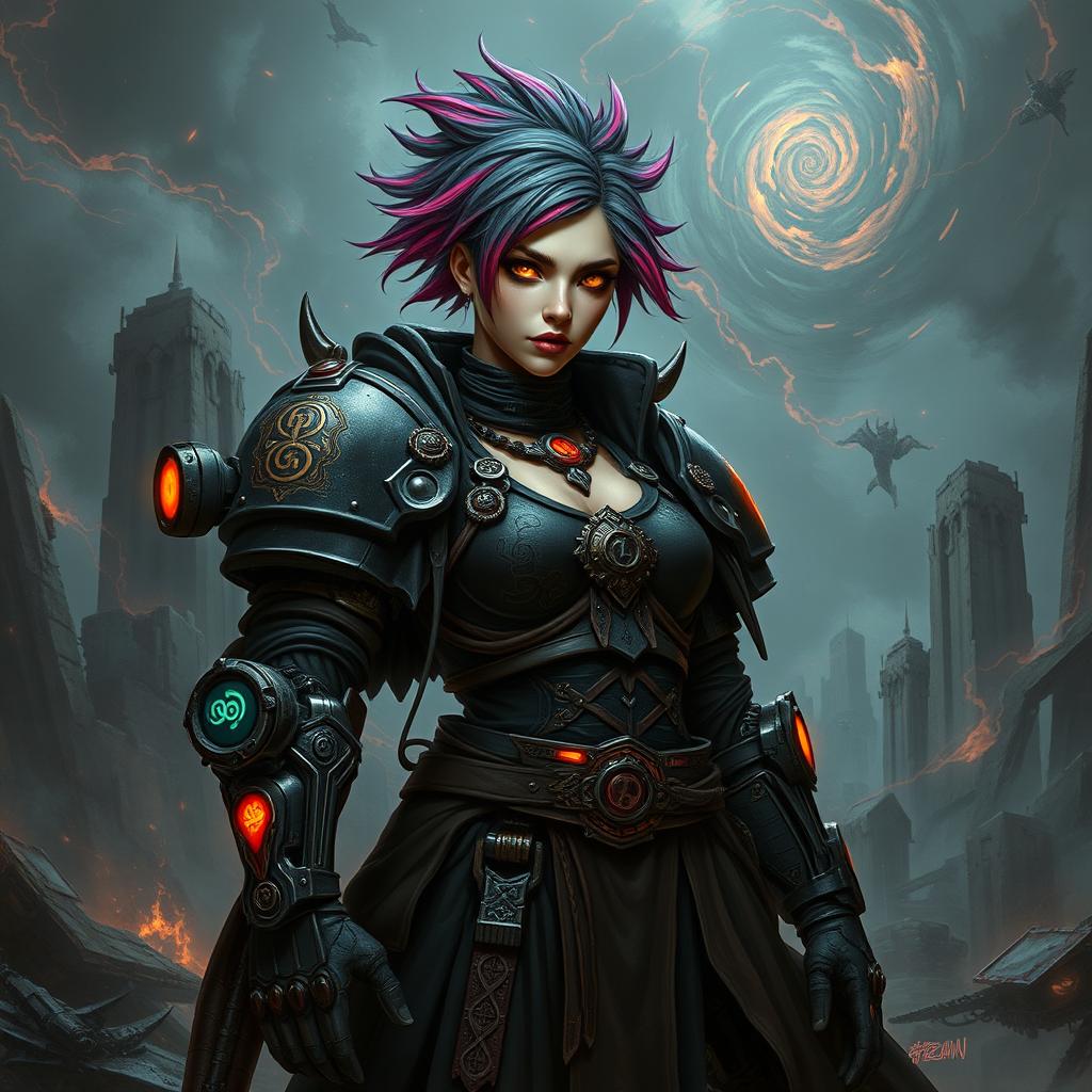 A striking female human heretical psyker from the Warhammer 40,000 universe, featuring impressive bionic upgrades