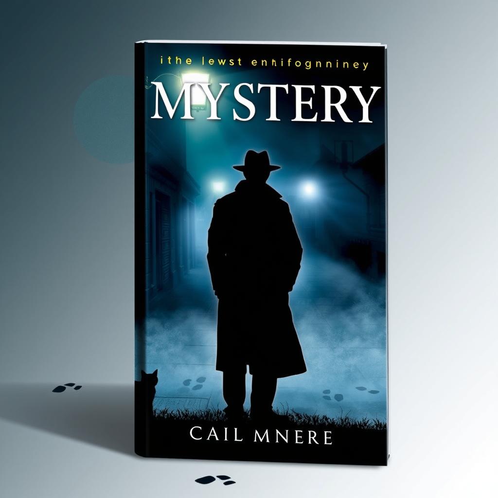 A gripping mystery book cover featuring a silhouette of a detective in a classic trench coat standing under a flickering street lamp on a foggy night