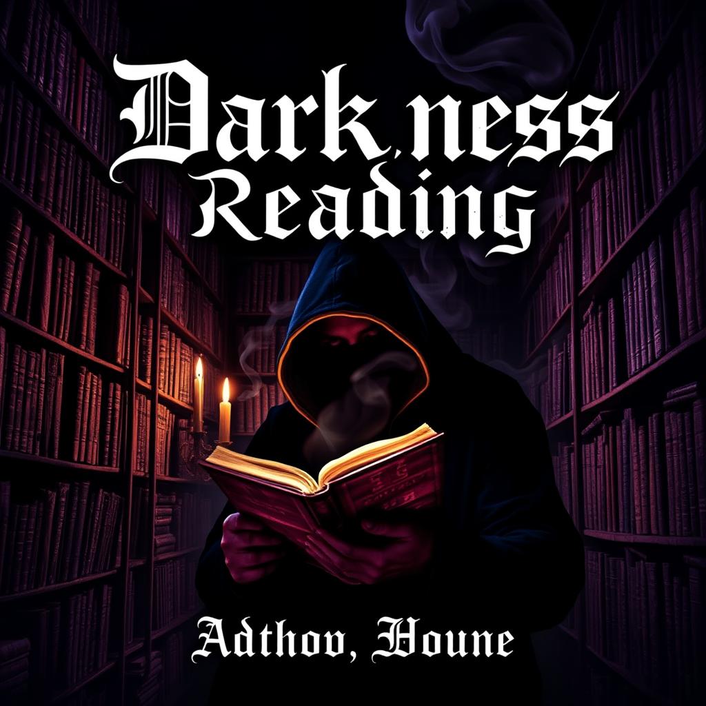 An evocative book cover titled 'Darkness Reading' featuring a shadowy figure reading a weathered book in an ancient, dimly lit library