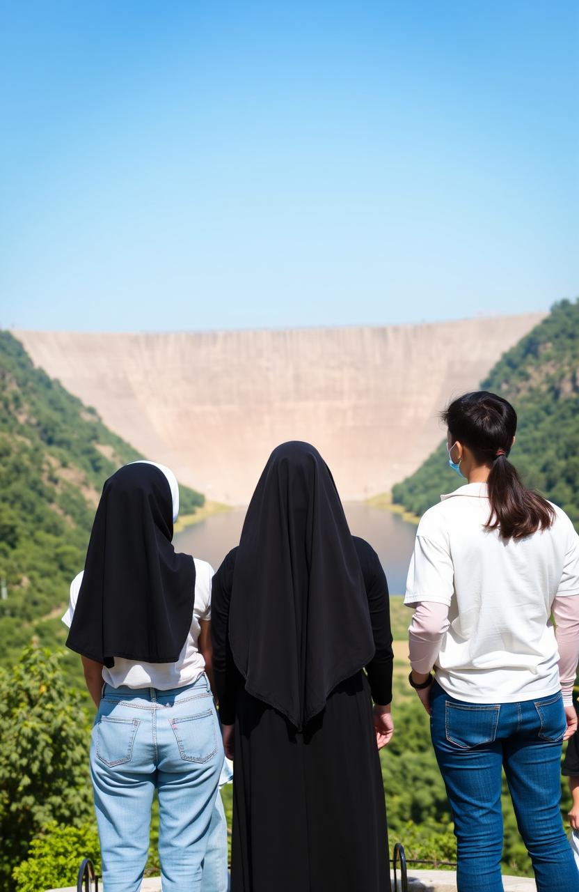 Three teenagers standing with their backs facing a large, impressive dam surrounded by lush greenery and a clear blue sky