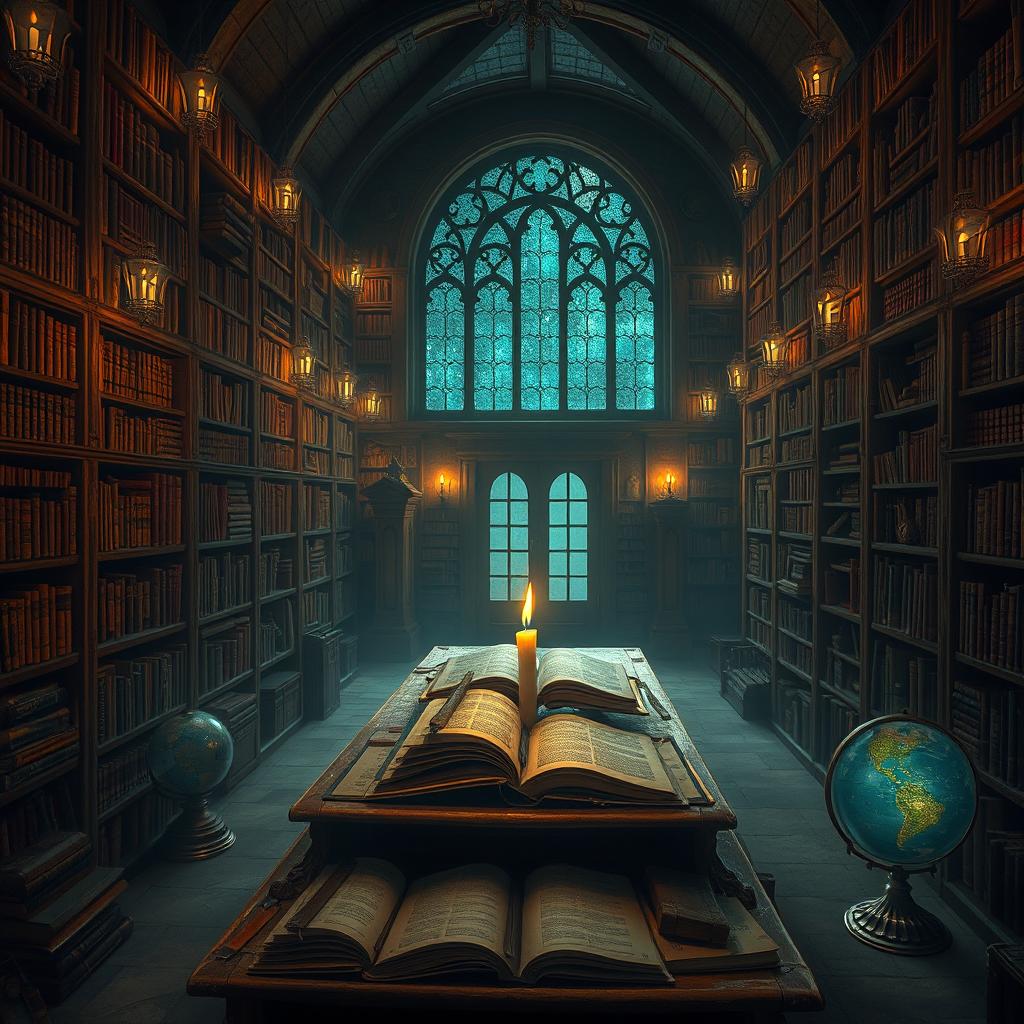 A mysterious library filled with ancient, dusty books and magical artifacts