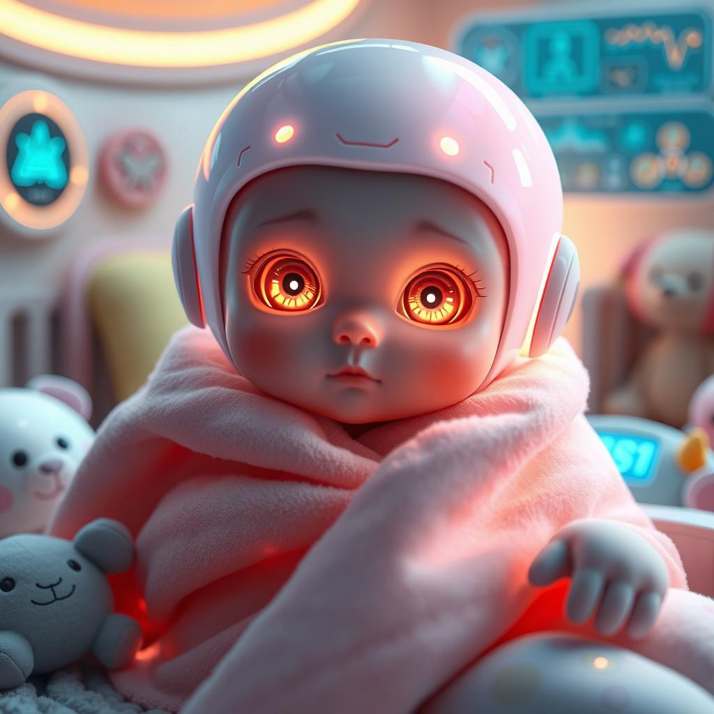 A futuristic interpretation of a 'babyboorne', a hybrid between a baby and a newborn android
