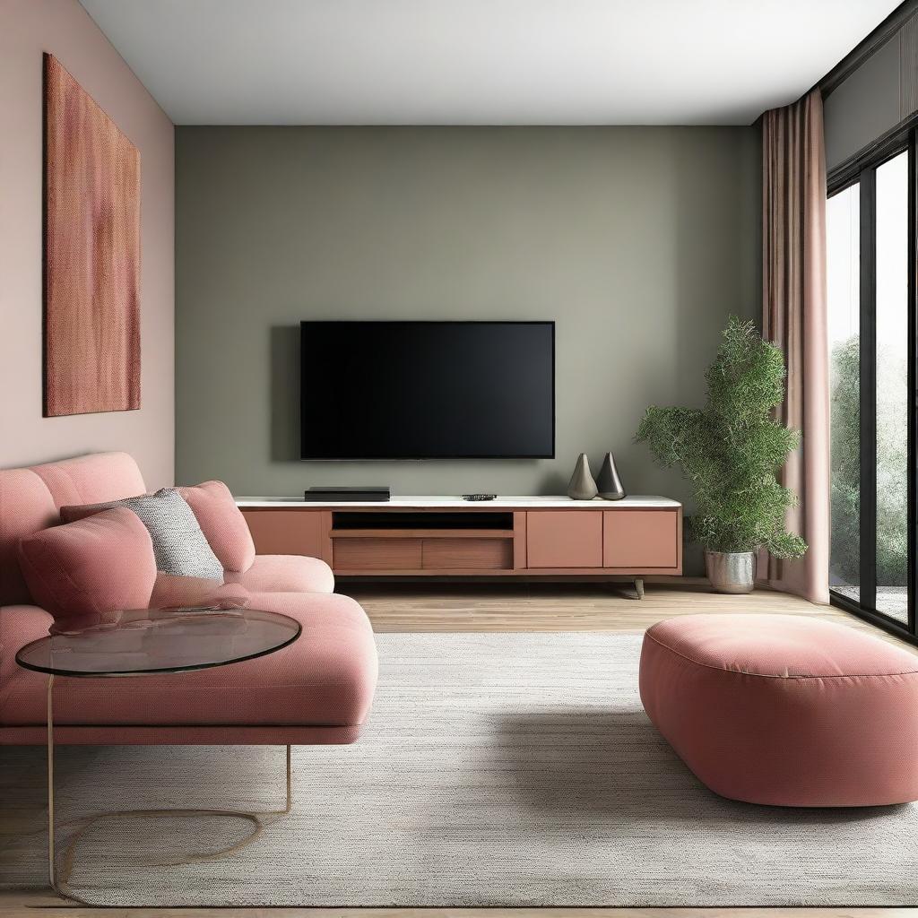 A designer hall featuring modern furniture, a large flat-screen TV, and a plush sofa in a coordinated color scheme