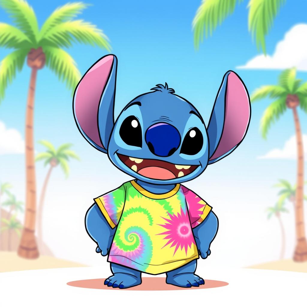 A cute and playful illustration of Disney's Stitch wearing a vibrant tie-dye shirt
