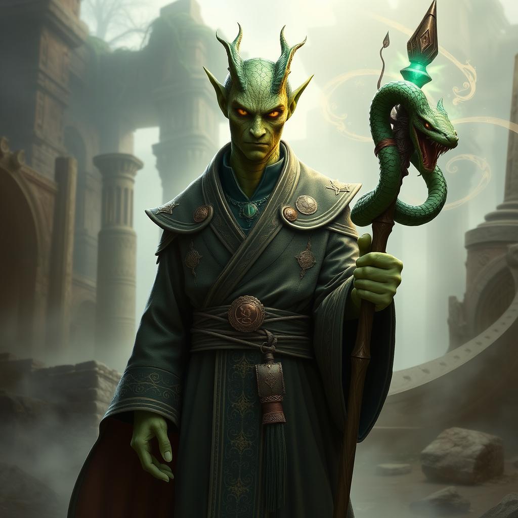 A Yuan-Ti Pureblood Sorcerer, depicted as a humanoid figure with distinct serpentine features, including scaled skin in shades of green and the subtle hints of snake patterns