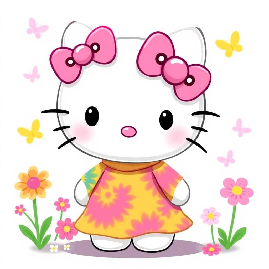 A charming illustration of Hello Kitty wearing a colorful tie-dye outfit