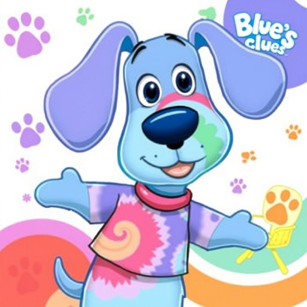 A cheerful illustration of Blue from Blue's Clues wearing a colorful tie-dye pattern
