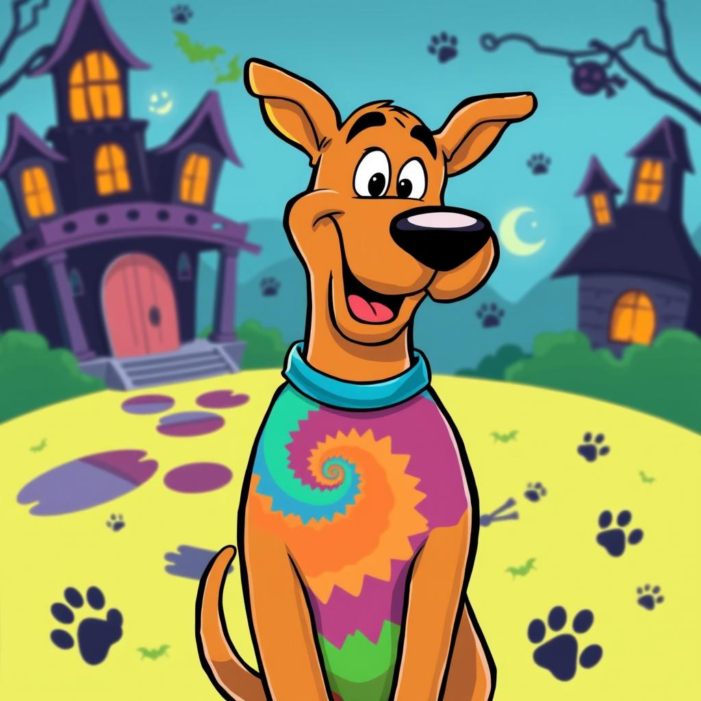 A fun and vibrant illustration of Scooby-Doo wearing a colorful tie-dye shirt