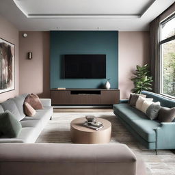 A designer hall featuring modern furniture, a large flat-screen TV, and a plush sofa in a coordinated color scheme