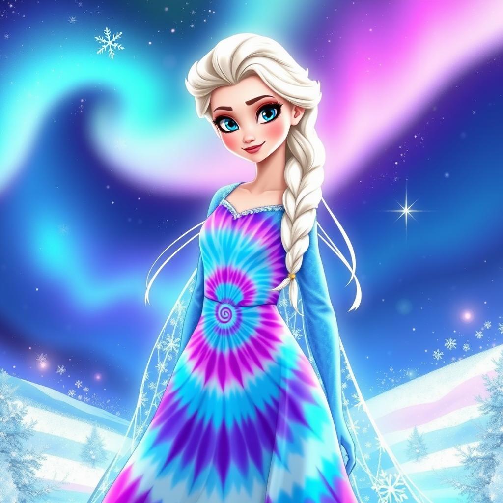 An enchanting illustration of Elsa from Frozen wearing a vibrant tie-dye dress