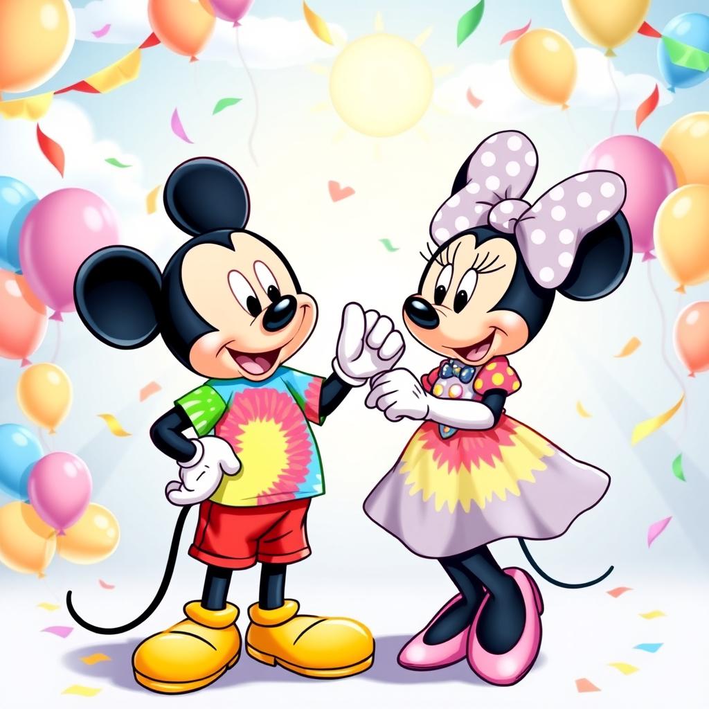 An adorable illustration of Minnie and Mickey Mouse dressed in vibrant tie-dye outfits