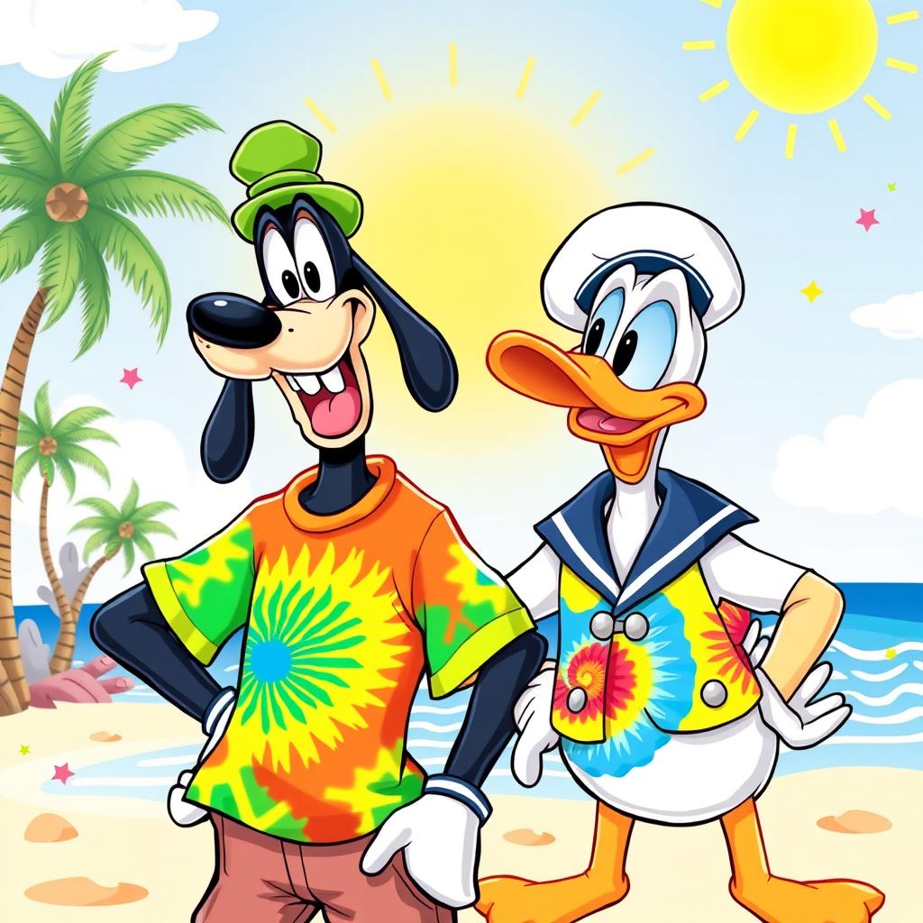 A lively illustration of Goofy and Donald Duck both sporting vibrant tie-dye outfits