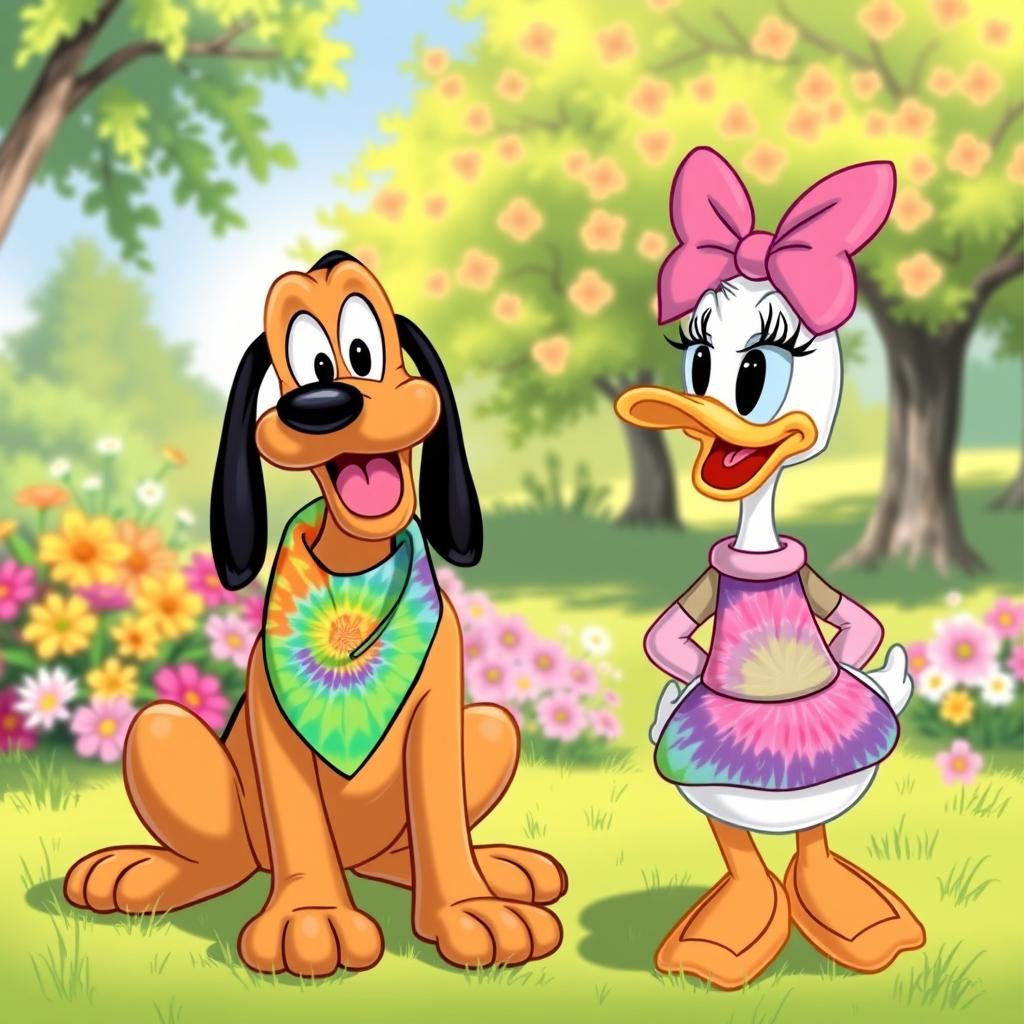 A cheerful illustration of Pluto and Daisy Duck both wearing bright tie-dye outfits