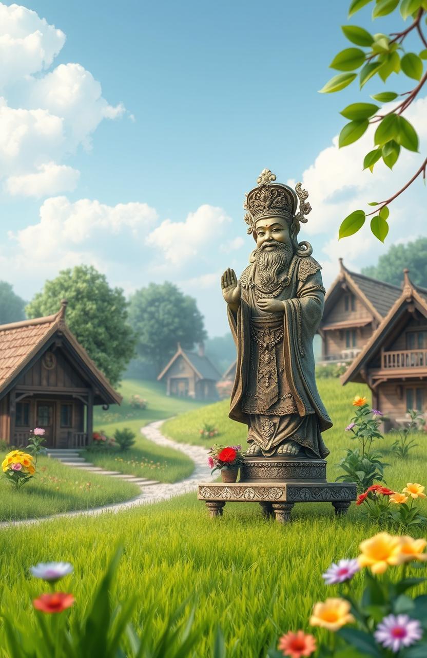 A serene village scene featuring a village god statue adorned with intricate details, set in a lush green landscape