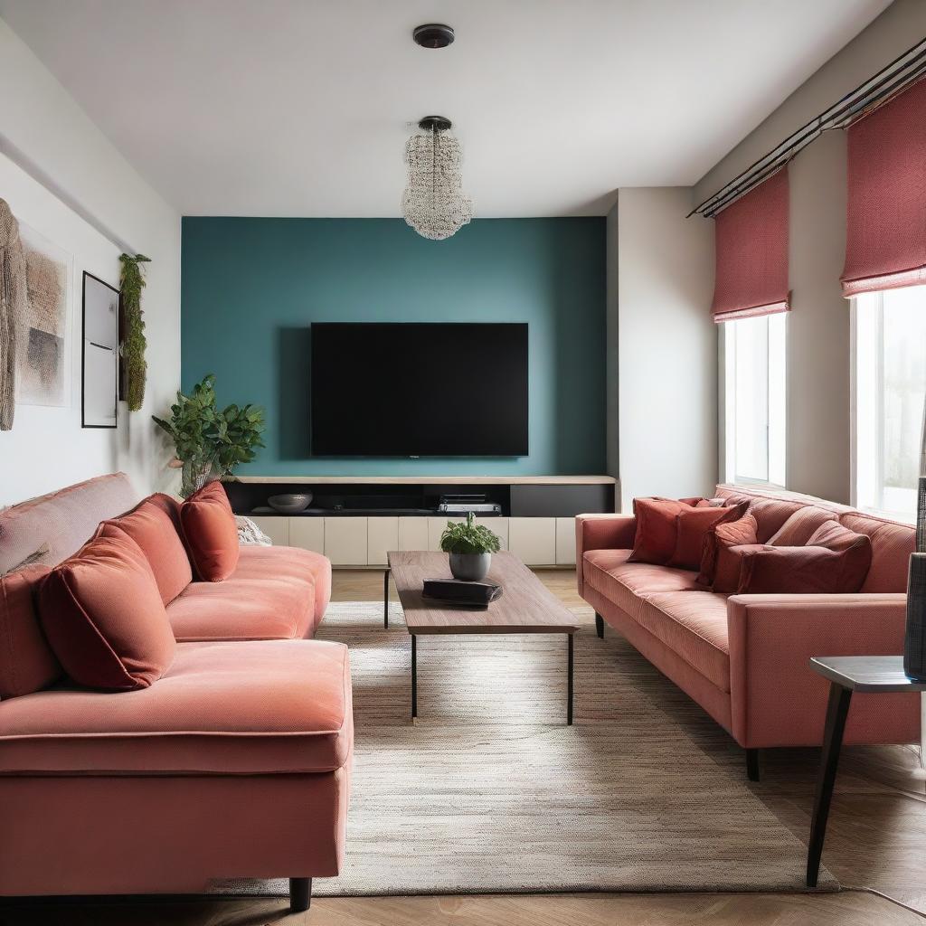 A designer hall featuring modern furniture, a large flat-screen TV, and a plush sofa in a coordinated color scheme