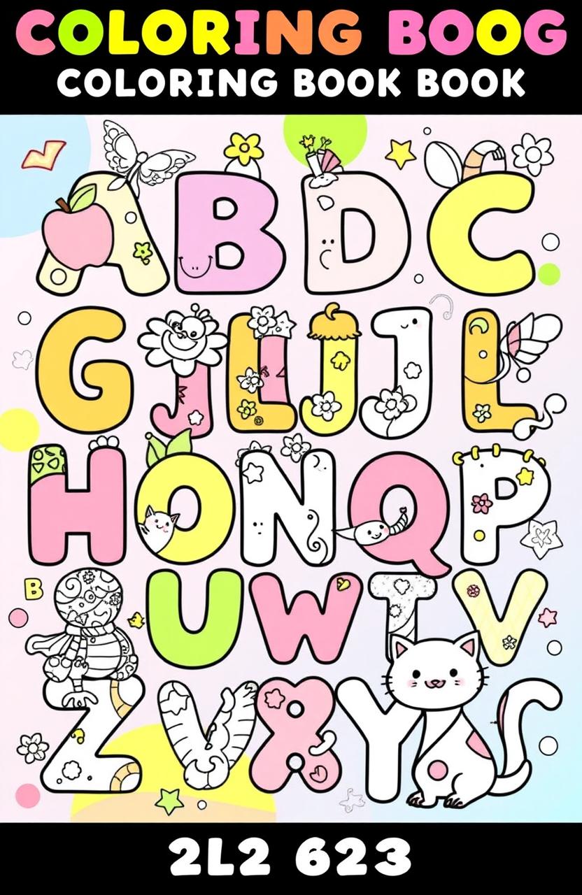 A colorful ABC coloring book page filled with whimsical illustrations of each letter from A to Z