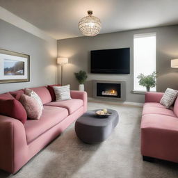 A designer hall featuring modern furniture, a large flat-screen TV, and a plush sofa in a coordinated color scheme