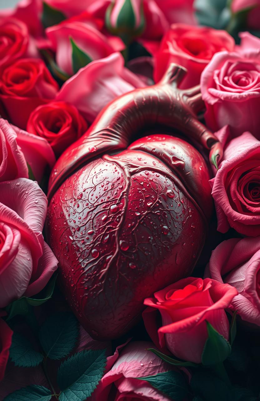 A highly detailed and realistic depiction of a human heart nestled in a vibrant pile of red and pink roses, showcasing the textures and colors of both the heart and the surrounding flowers