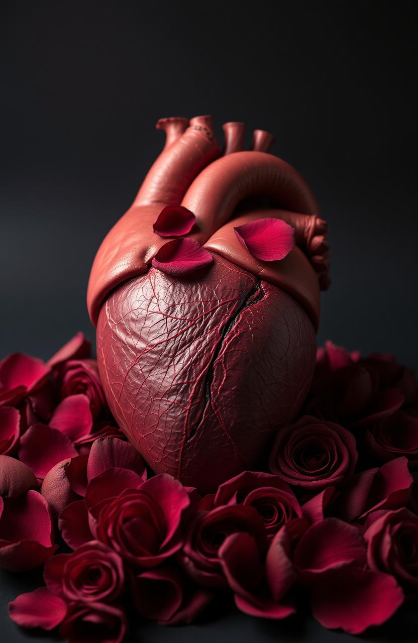 A realistic human heart placed among a pile of wine red roses, with petals scattered around and some placed directly on the heart