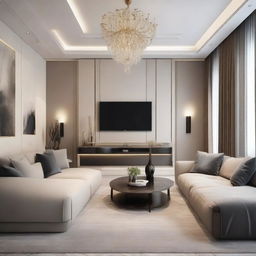 A luxurious designer hall adorned with sophisticated furniture, including a sleek TV set and a comfortable sofa.