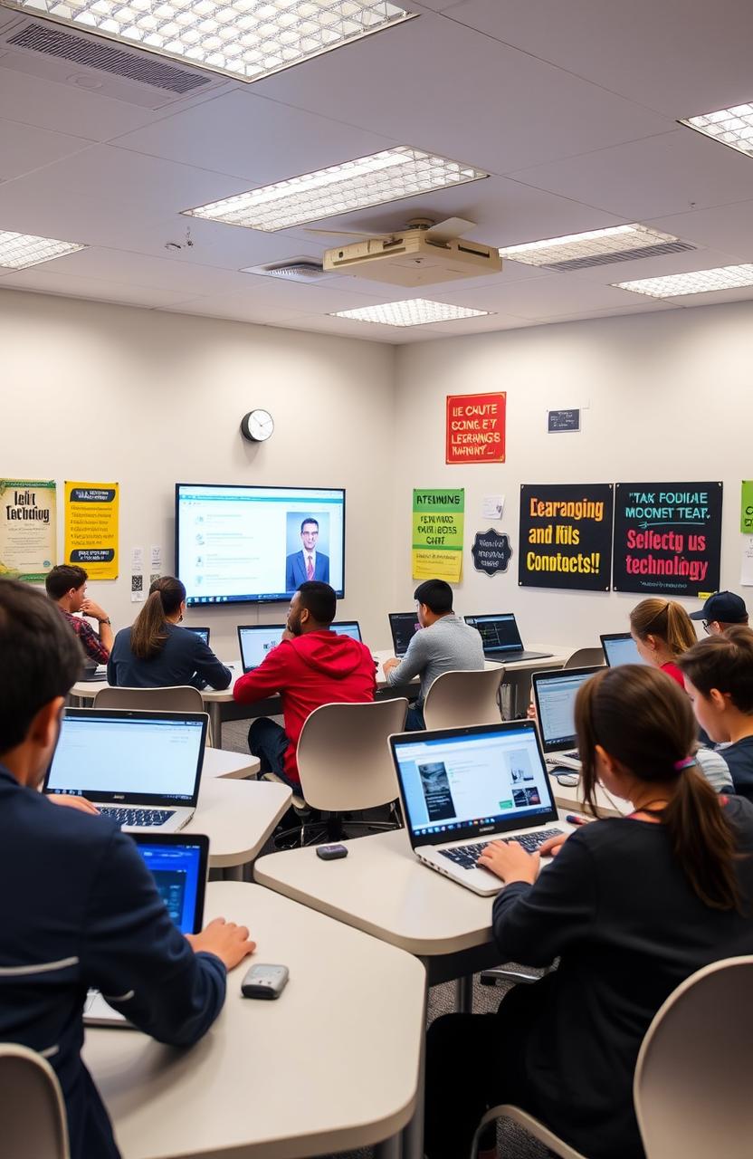 A high-tech classroom environment showcasing a Learner Hub for computer education, with students engaging in interactive learning on their laptops