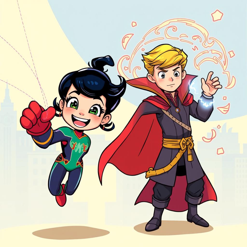 A comic-style illustration featuring Peni Parker as a young girl, joyfully throwing webs with a bright smile on her face