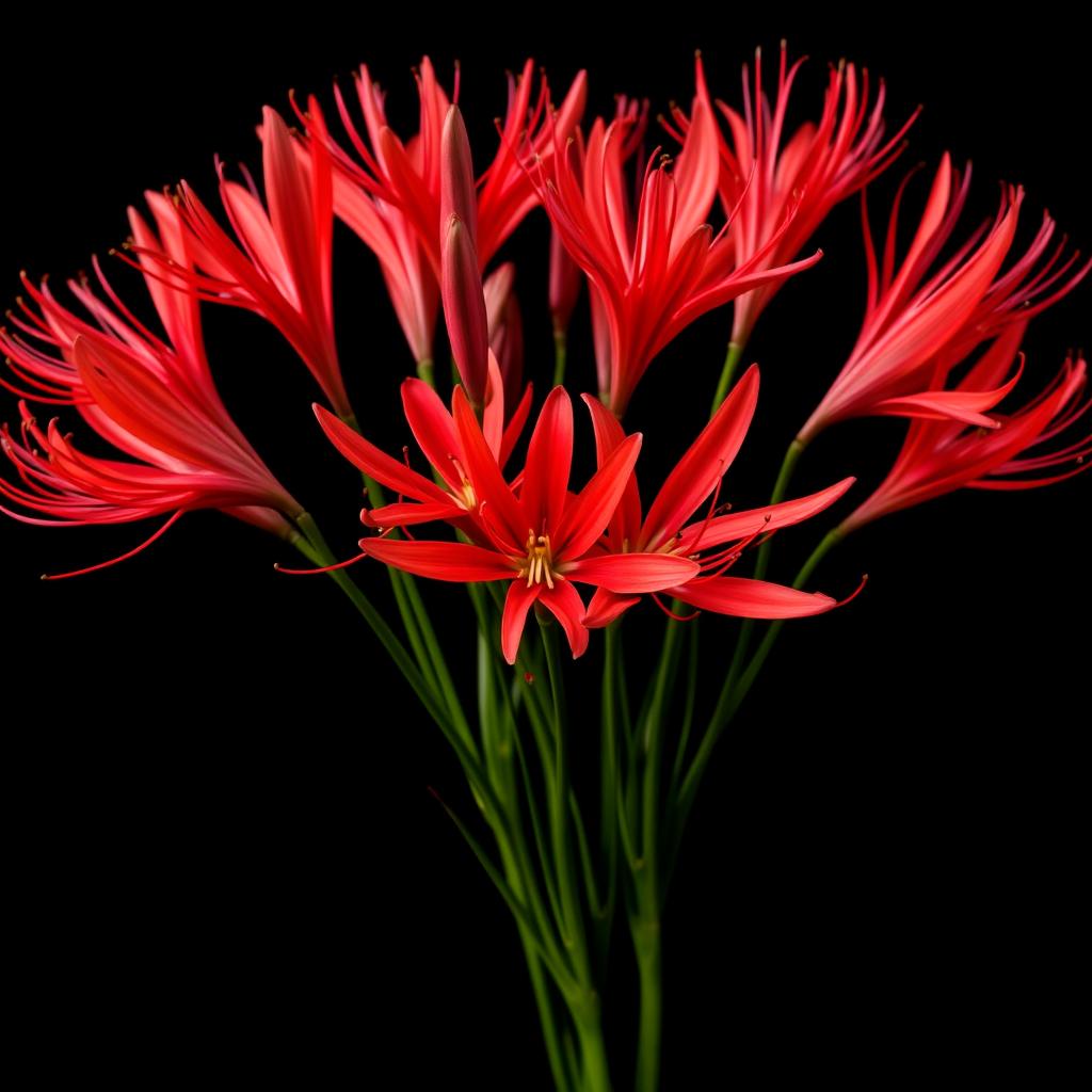 A stunning bunch of red Lycoris flowers, with their distinctive long, thin petals elegantly unfurling
