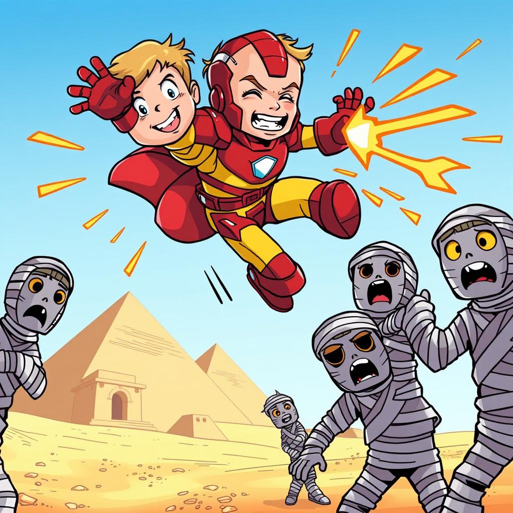A young boy dressed as Iron Man, with a playful expression, flying through the air among mummies in a comic-style illustration