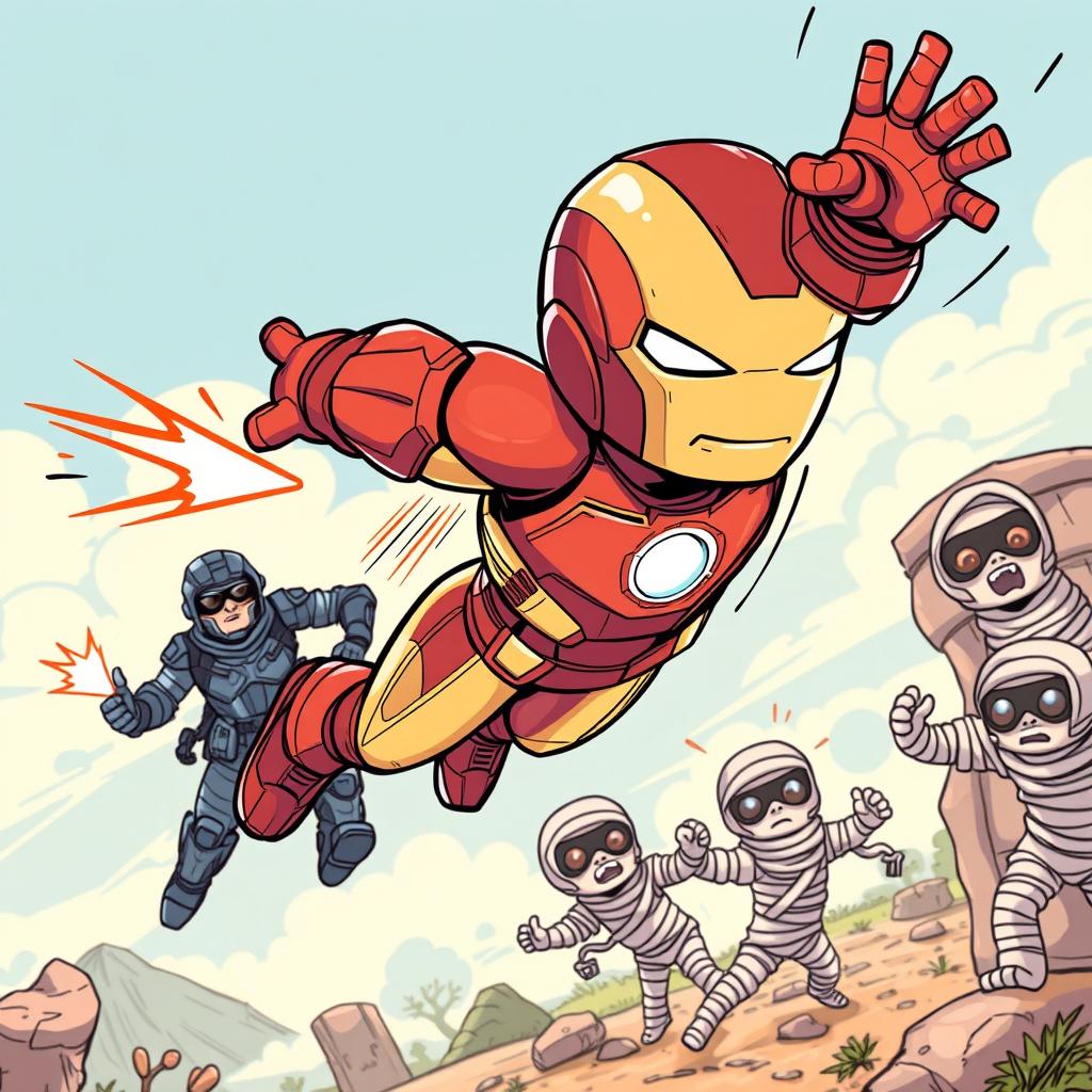 A young Iron Man flying through the air, wearing a child-sized helmet, alongside playful mummy characters