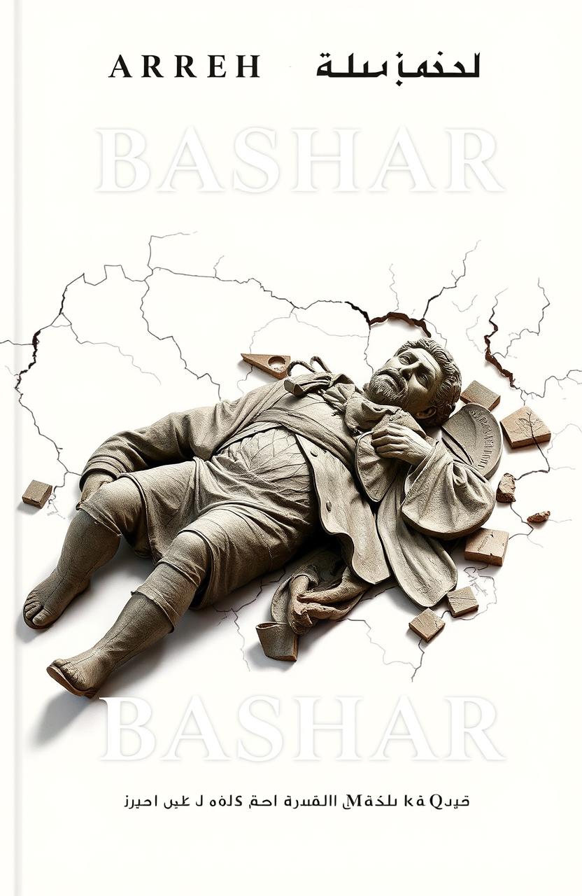 A broken statue of Bashar lying on the ground, without any crowds or people stepping on it, surrounded by a light-colored graphic background that features a map of the Arab Mashreq
