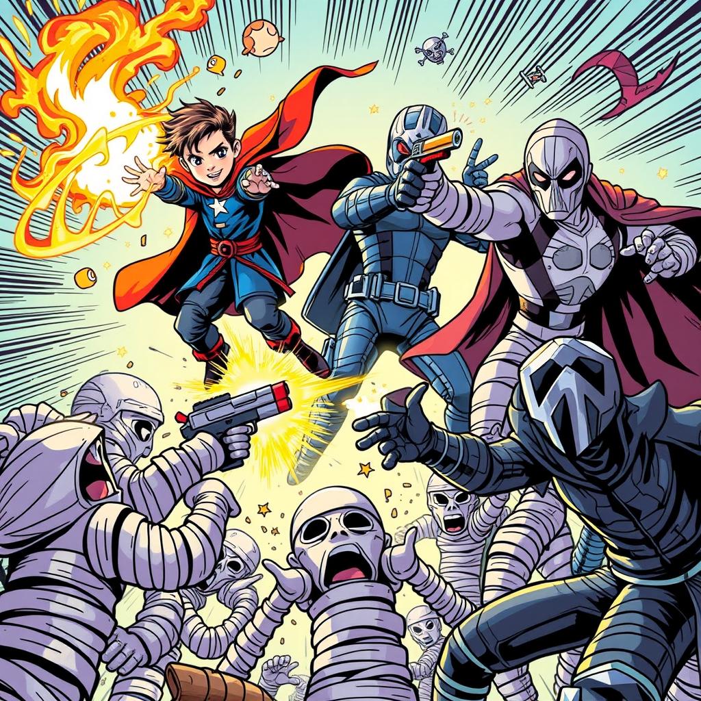 A dynamic comic style illustration featuring young versions of iconic characters: Doctor Strange as a kid energetically casting a magical barrier, with swirling vivid colors and mystical symbols surrounding him
