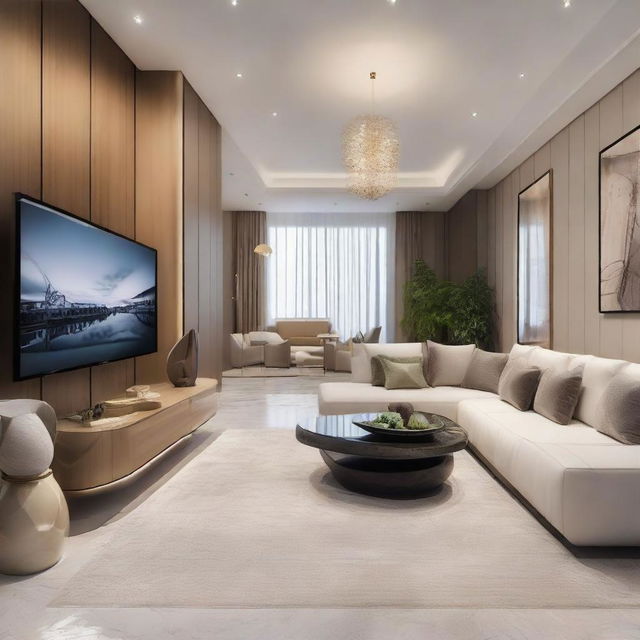 A luxurious designer hall adorned with sophisticated furniture, including a sleek TV set and a comfortable sofa.