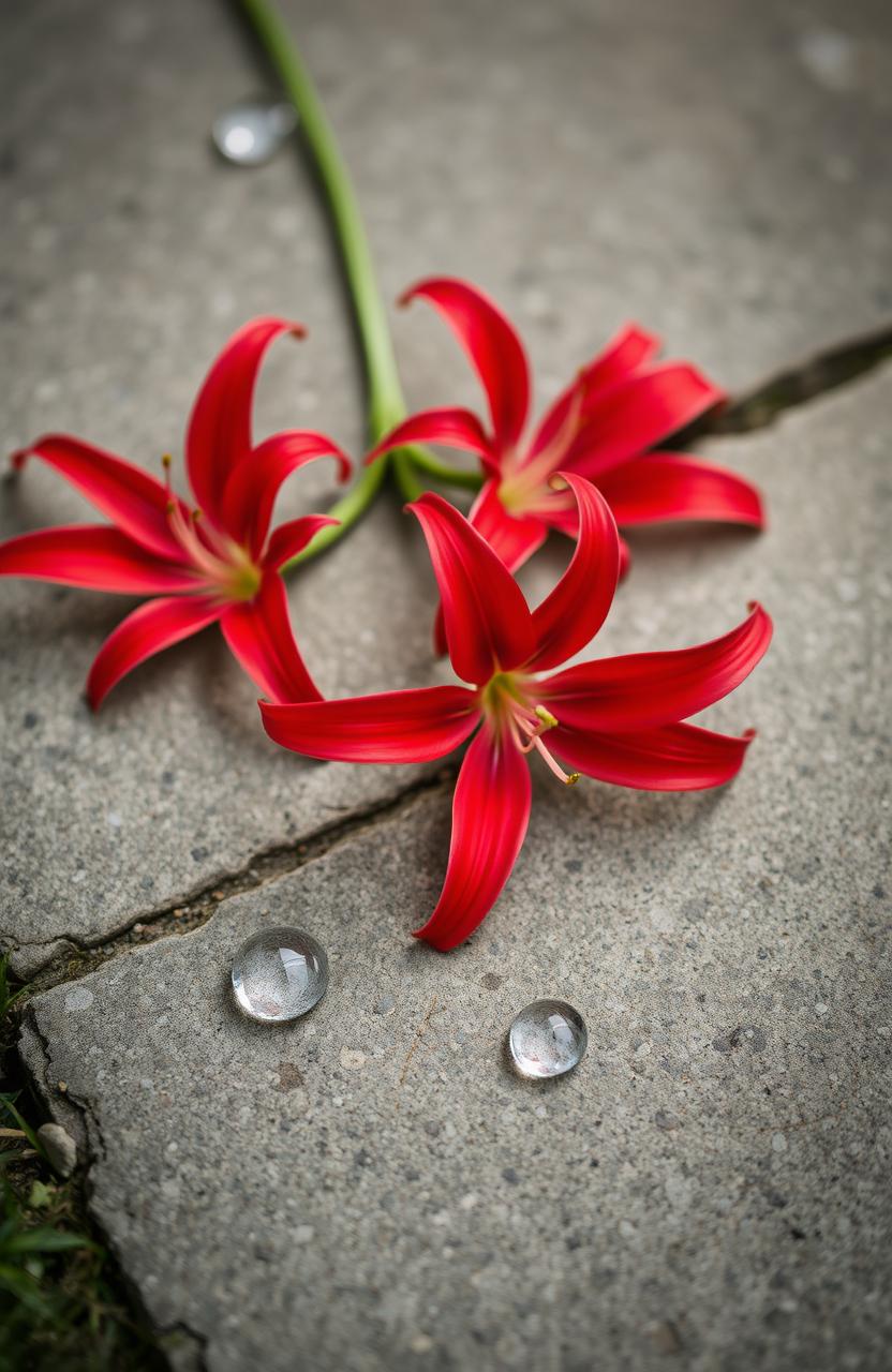 A serene close-up scene featuring vibrant red spider lilies blooming gracefully on a textured stone concrete floor