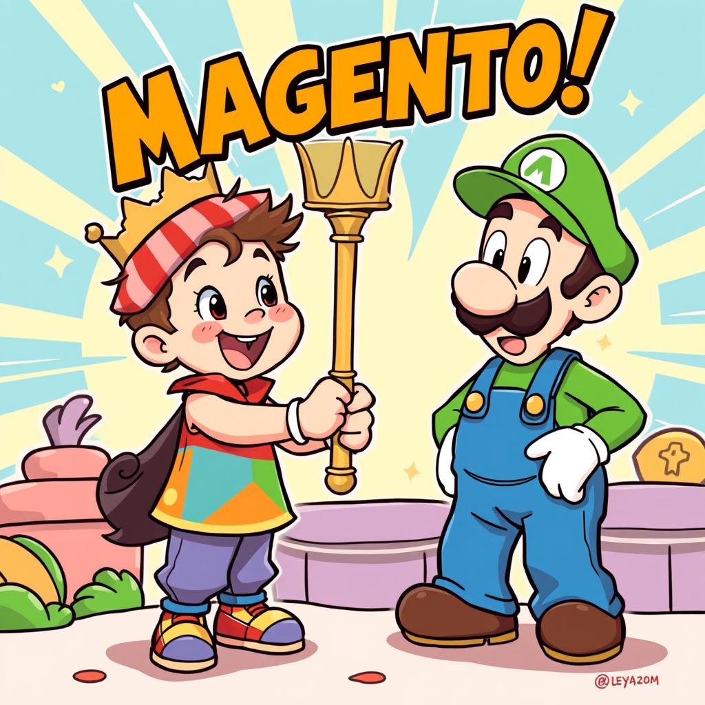 A whimsical comic style illustration featuring Magento, depicted as a playful child, excitedly handing a royal scepter to iconic video game characters Mario and Luigi