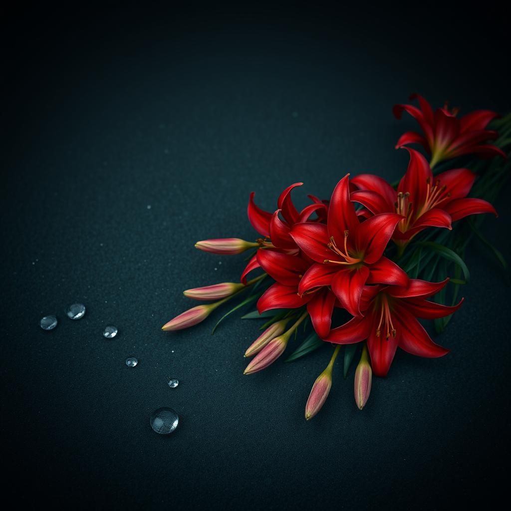 A captivating scene of a lush bouquet of red spider lilies elegantly arranged on a dark concrete floor
