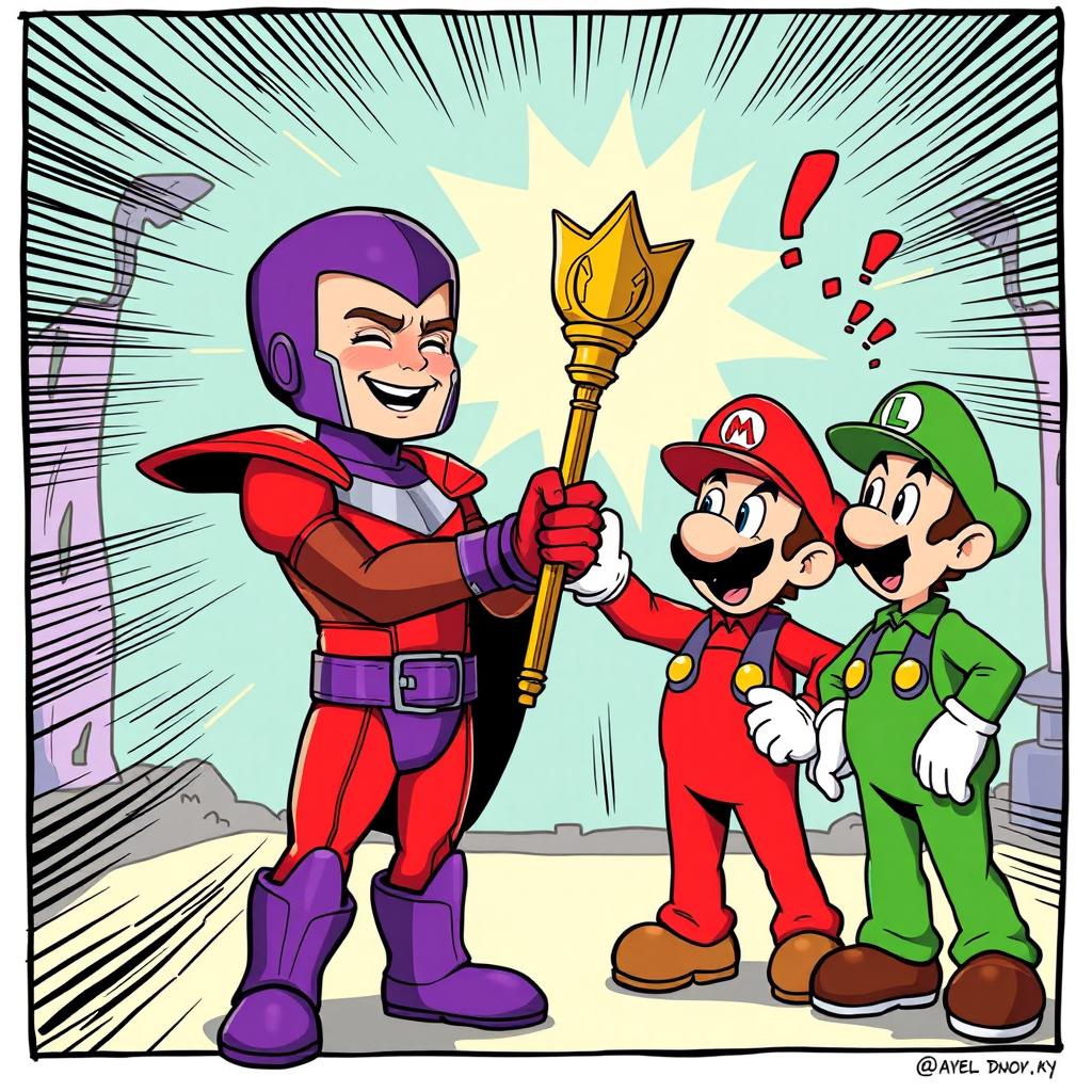 A comic style illustration of a young Magneto, the mutant from Marvel Comics, depicted as a child, joyfully presenting a scepter to Mario and Luigi, the iconic video game characters