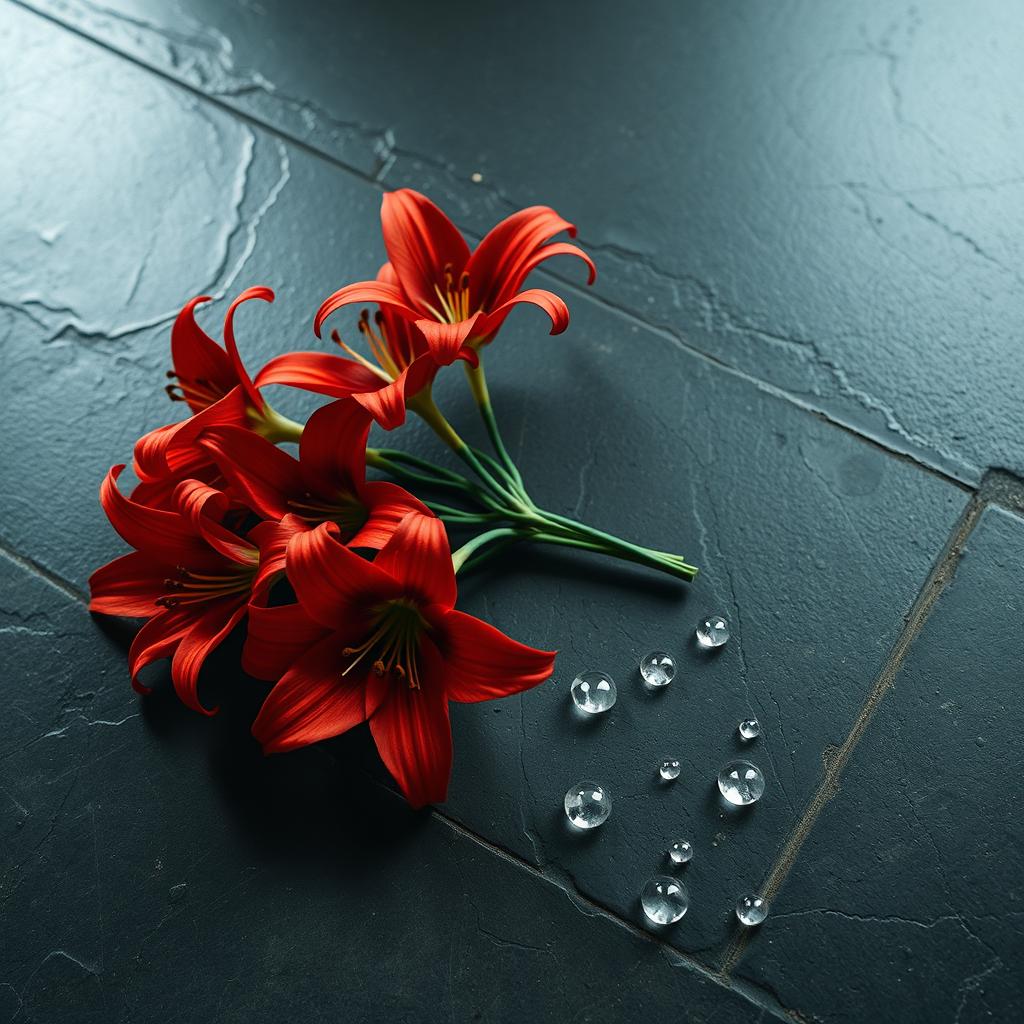 A hyper-realistic depiction of a bouquet of striking red spider lilies elegantly arranged in a buckeye shape on a dark stone concrete floor