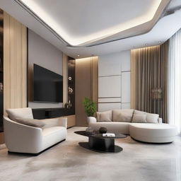 A luxurious designer hall adorned with sophisticated furniture, including a sleek TV set and a comfortable sofa.