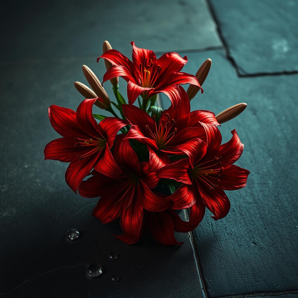 A realistic depiction of a buckeye arrangement of vivid red spider lilies set against a dark stone concrete floor, exuding a moody atmosphere