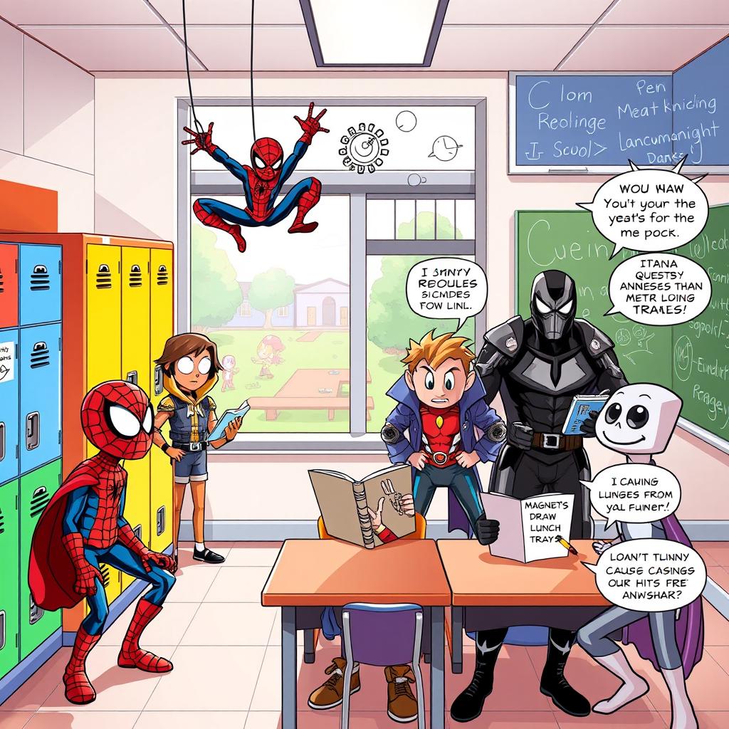 A vibrant comic-style illustration of Spider-Man, Iron Man, Doctor Strange, Winter Soldier, Moon Knight, Magneto, Peni Parker, and Jeff Landshark as kids in a school setting