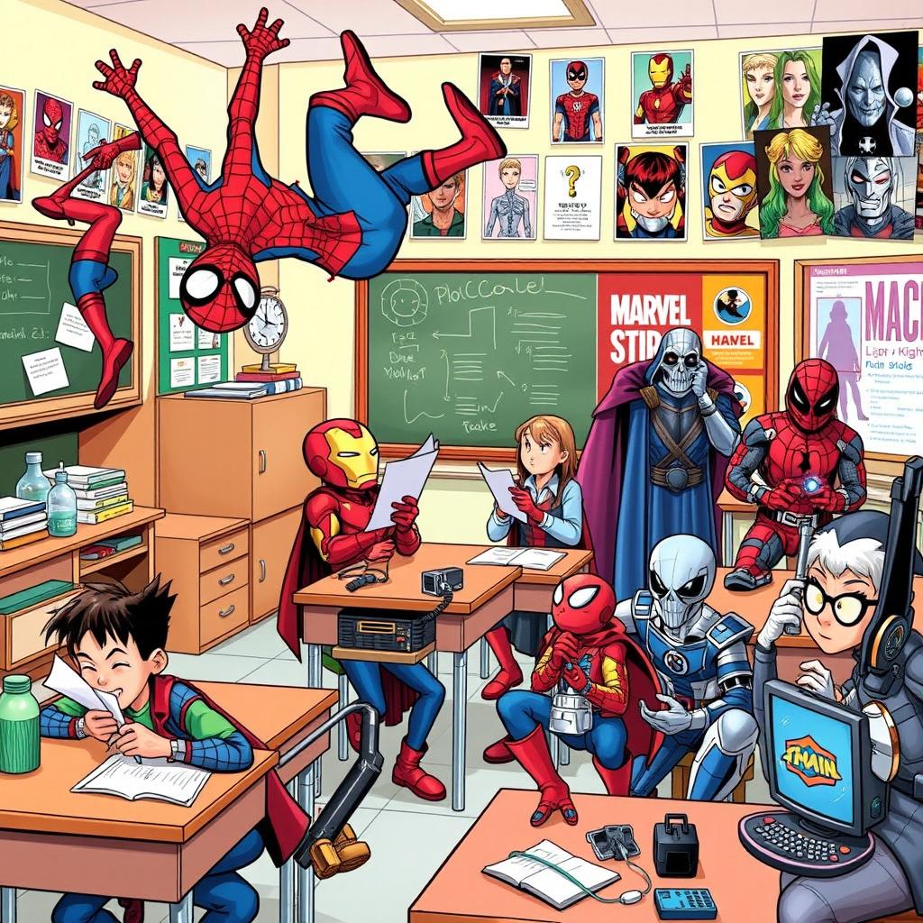 A vibrant comic book scene depicting Spider-Man, Iron Man, Doctor Strange, Winter Soldier, Moon Knight, Magneto, Peni Parker, and Jeff Land-Sharh as kids in a school setting