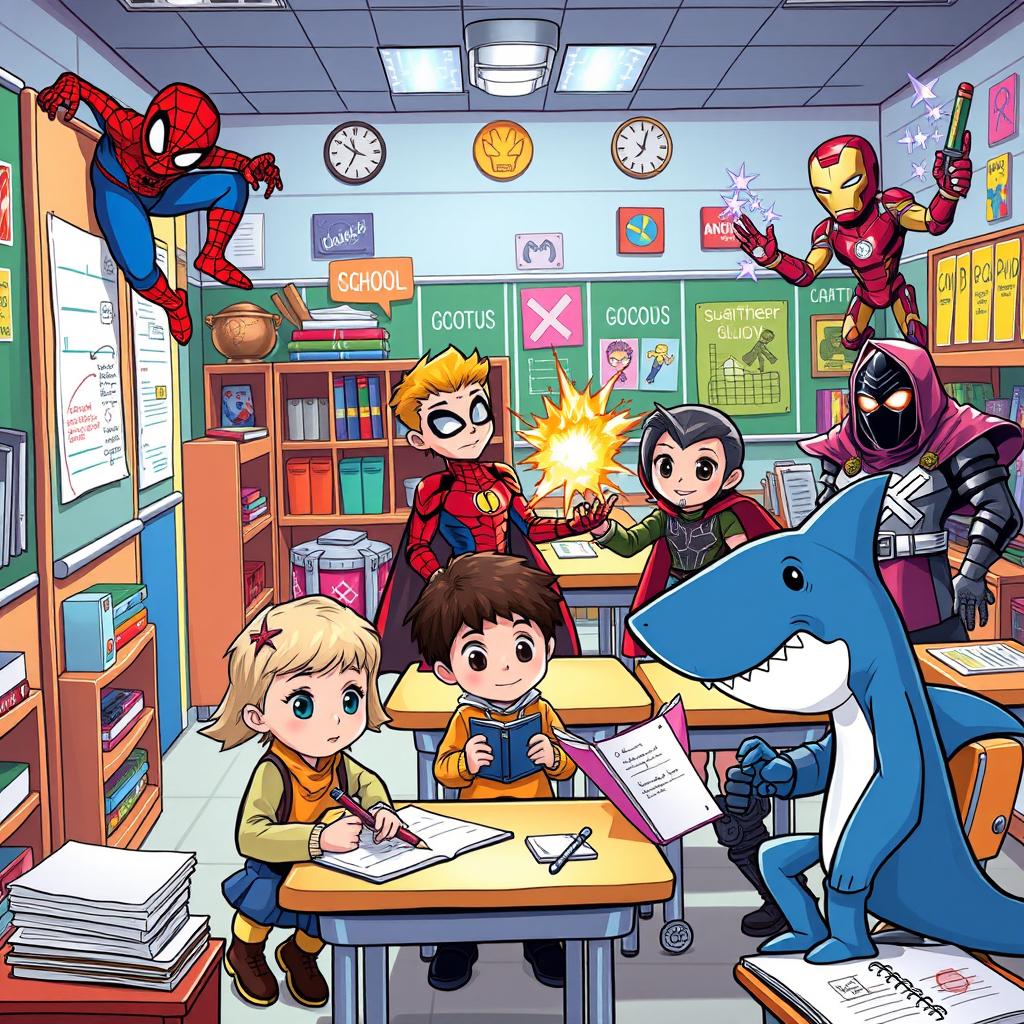 A vibrant comic book style scene featuring beloved superhero characters as kids in school