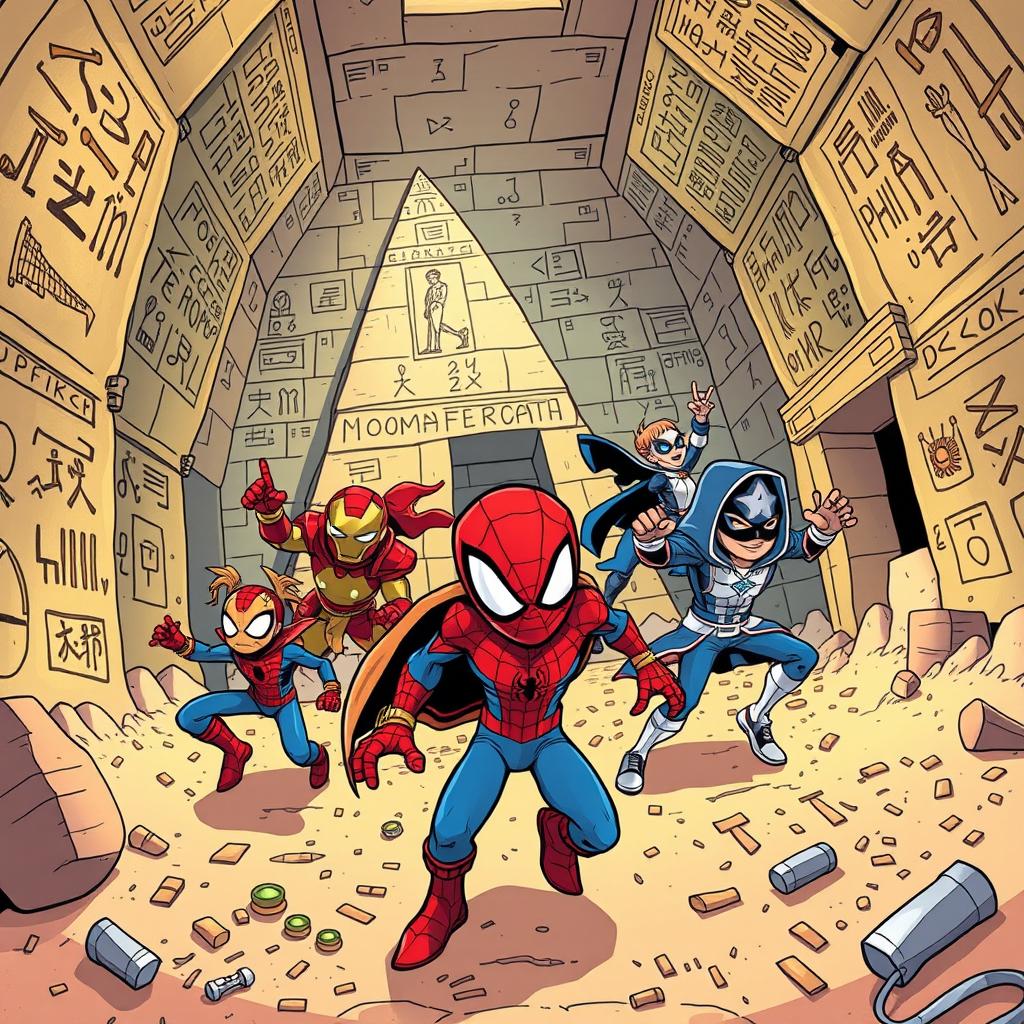 A vibrant comic style illustration featuring a group of superhero kids: Spider-Man, Iron Man, Doctor Strange, Winter Soldier, Moon Knight, Magneto, Peni Parker, and Jeff (from the Shadoks)