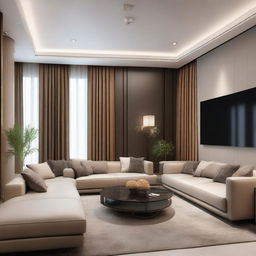 A luxurious designer hall adorned with sophisticated furniture, including a sleek TV set and a comfortable sofa.